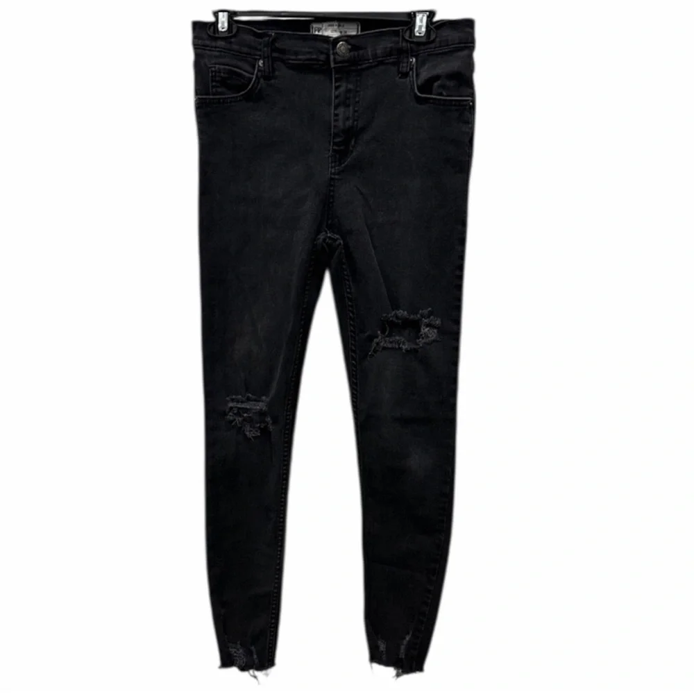 Free People Distressed Black Skinny Jeans Size 28 | Raw Hem Stretch Denim